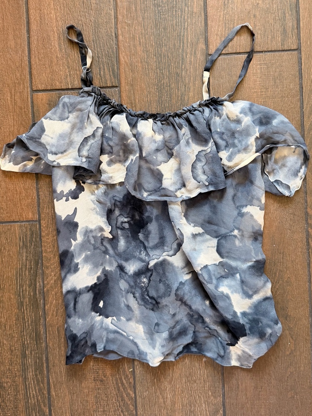 Rebecca Taylor Silk Black and Cream Watercolor Ruffle Camisole